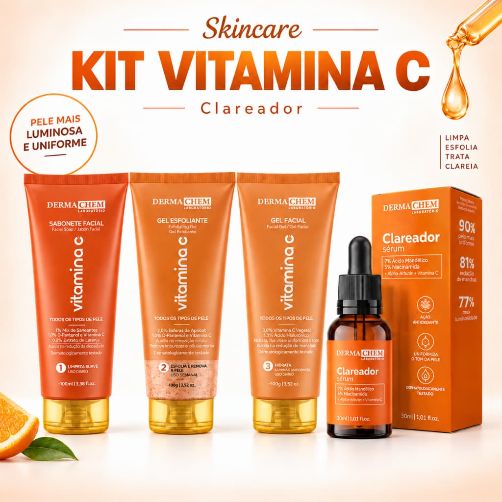 Kit Skincare Vitamina C Dermachem Sabonete Esfoliante Gel Sérum Facial