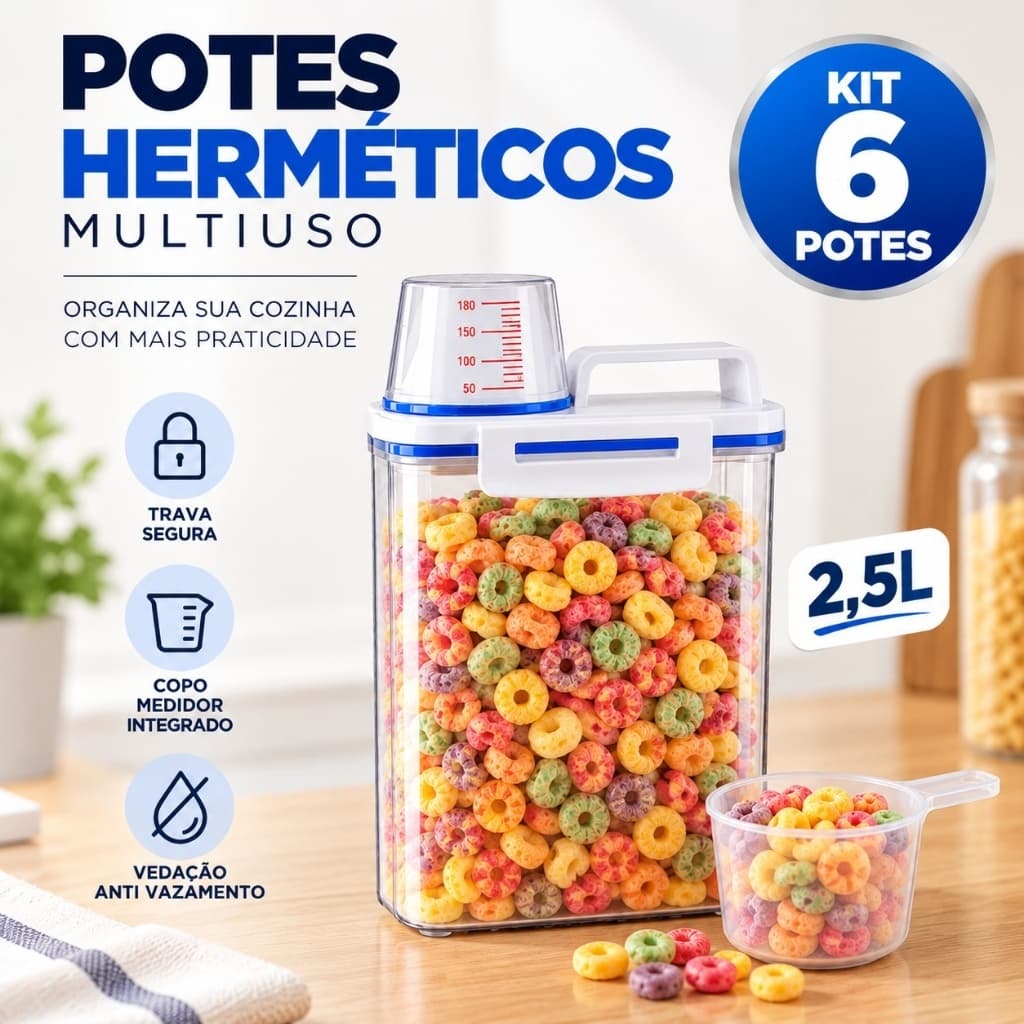 Kit 6 Potes Herméticos 2,5L Multiuso Organizador Cozinha com Trava Bico Dosador e Copo Medidor