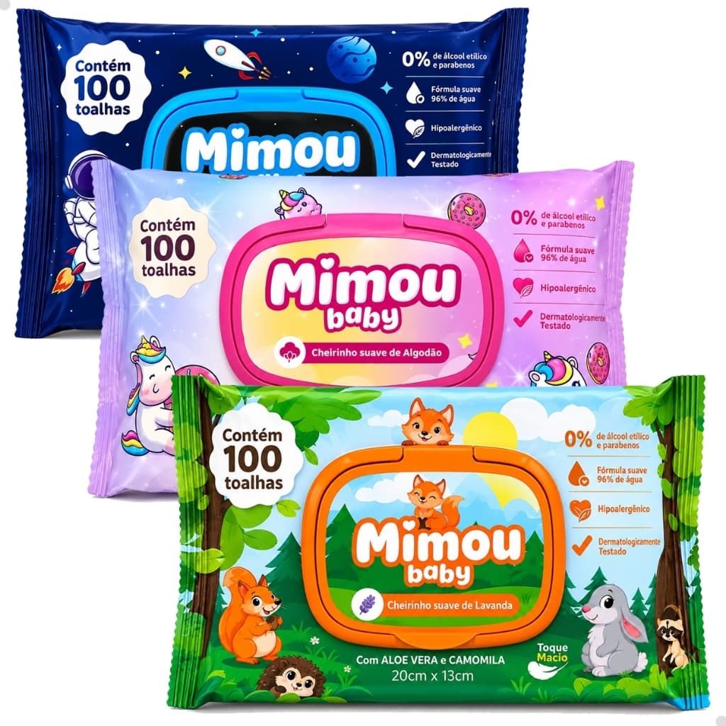 Pacotes de Lenços Toalhas Umedecidas Mimou Baby P/ Bebês 100Un CADA