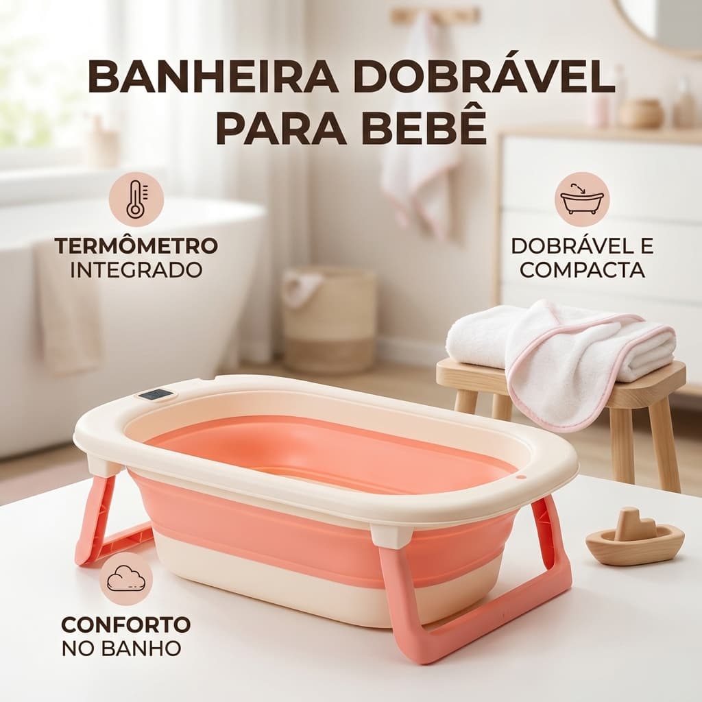 Banheira Dobrável Bebê com Termômetro Digital | Banho Confortável e Seguro para Recém-Nascido e Crianças