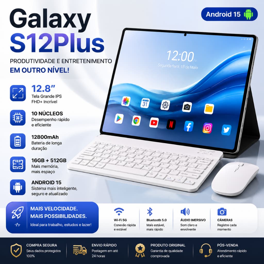 Tablet Galaxy S12 Plus 16GB RAM 512GB | Android 15 | Tela 12.8" FHD | Bateria 12800mAh | Para trabalho e entretenimento