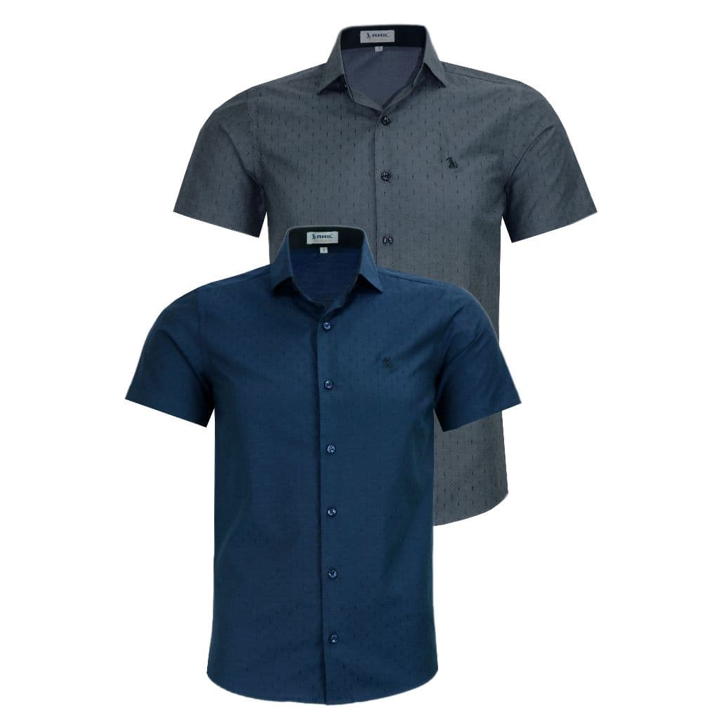 Kit Com 2 Camisas Slim Social Masculina Manga Curta Amil Passa Fácil 1849