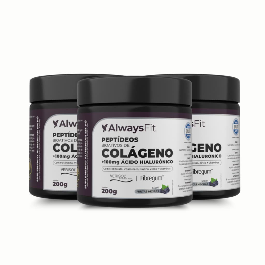 Kit 3x Peptídeos de Colágeno Verisol AlwaysFit - Ácido Hialurônico + Vitaminas, Minerais, Fibras - Frutas Negras