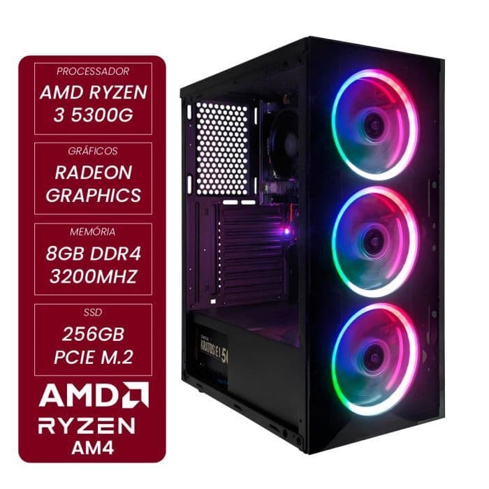 Computador Gamer CertoX STREAM AMD - 1078 TC AMD Ryzen 3 5300G Radeon Graphics 8GB DDR4 256GB SSD C/3 Fans Linux