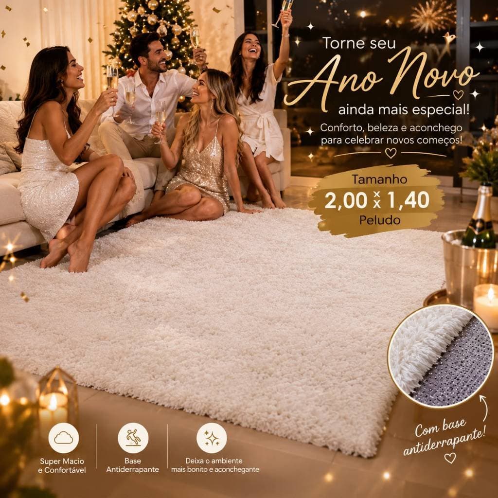 Tapete peludo branco 2x1,40 metros antiderrapante ano novo luxo ideal para festas fim de ano felpudo tapete de sala