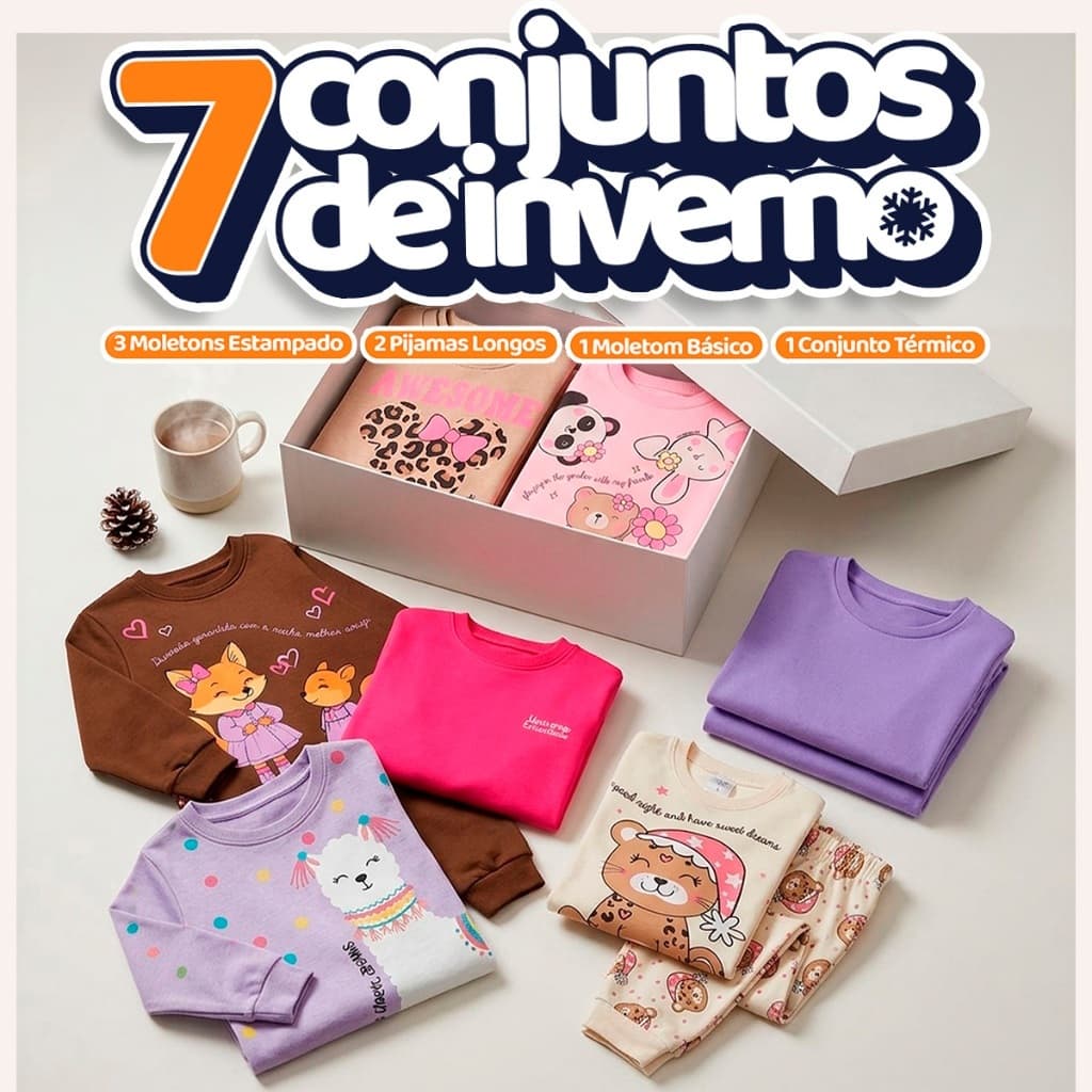 Box Liquida Inverno Menina - 3 Moletons Estampados + 2 Conjuntos Pijama Longo + 1 Moletom Básico + 1 Conjunto Térmico In