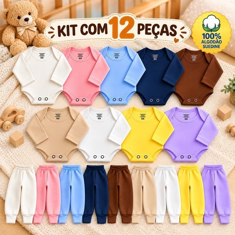 Kit 12 peças body manga longa + mijão vira pé bebê unissex suedine neutro enxoval menino menina RN P M G