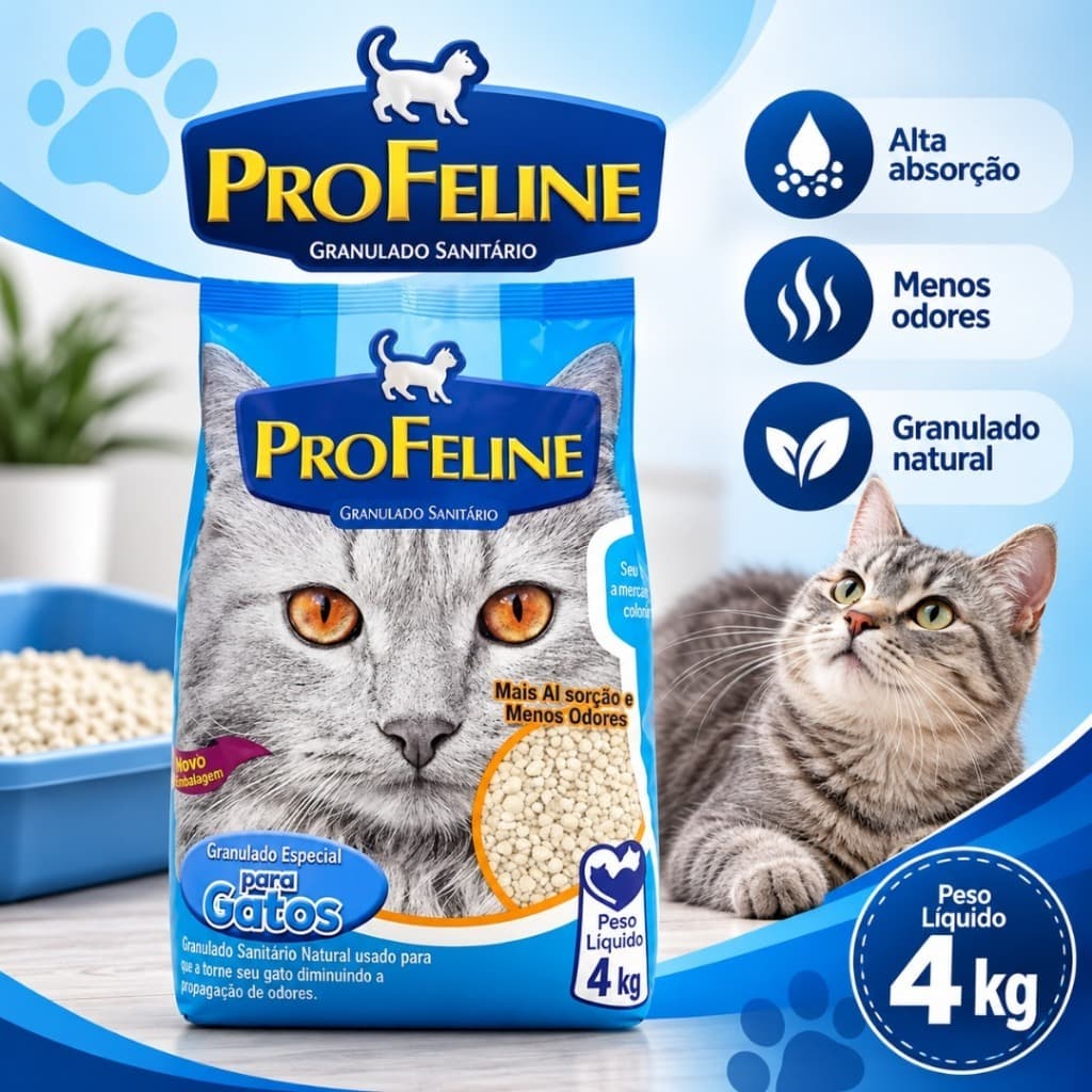 Areia Sanitária ProFeline 4kg para Gatos Controle de Odores e Torrões