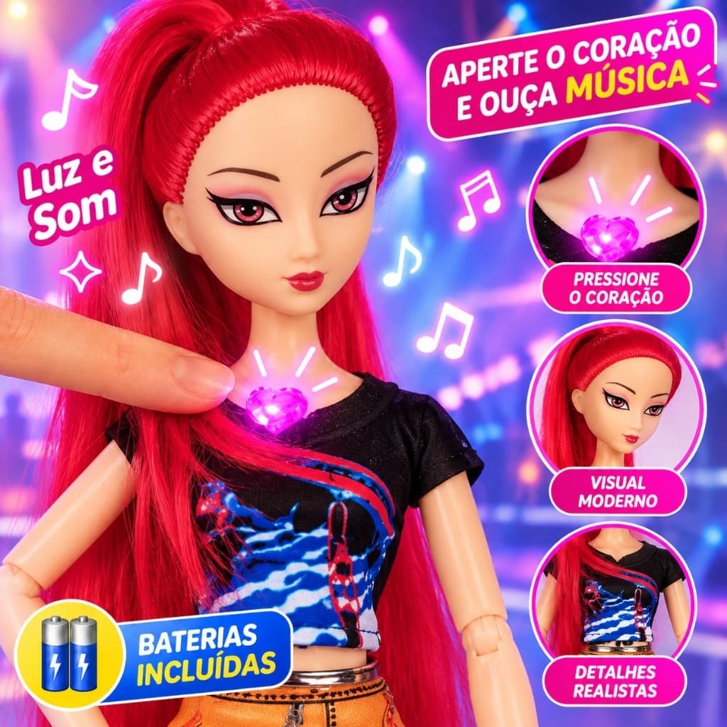 Boneca KPop Guerreiras Articulada Musical Mira Rumi Zoey Com Acessórios Luz e Som