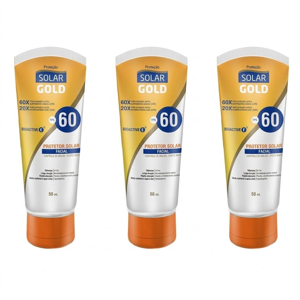 Kit 3un Protetor Solar Facial FPS 60 Toque Seco Proteção Diária 50ml Solar Gold