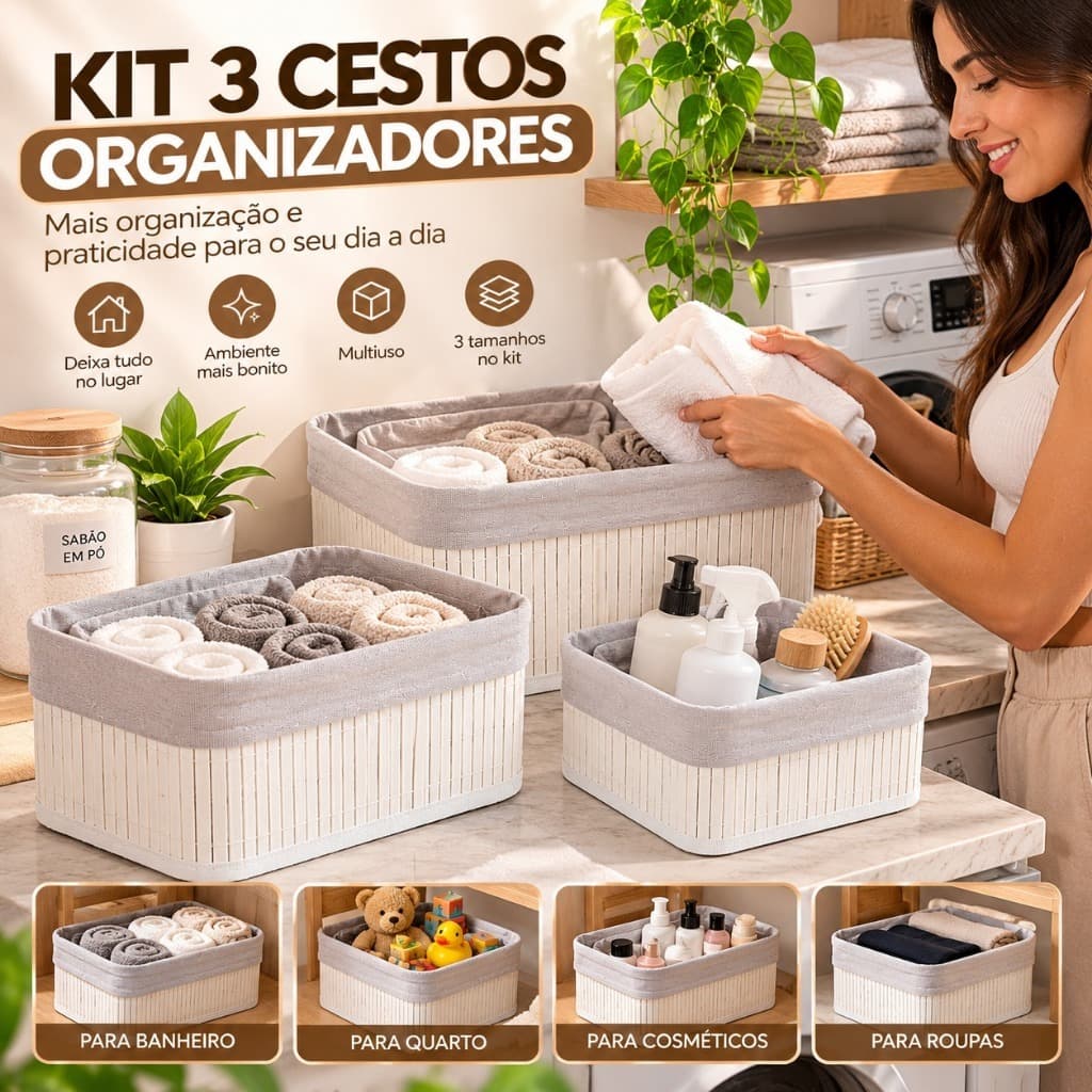 Kit 3 Cestos Organizadores de Bambu Branco Lehavi – Cestos Decorativos para Banheiro, Quarto e Sala, Organização Prática