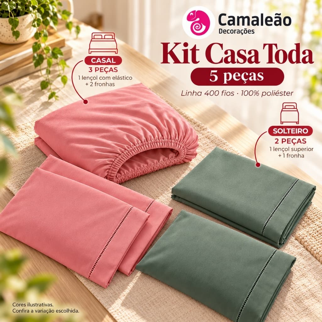 Kit Casa Toda: Jogo Lençol Casal 3 Peças + Jogo Solteiro 2 Peças 400 Fios Aveludado