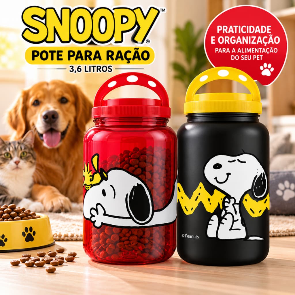Porta Ração e Petisco Snoopy Pote Ração Cachorro 3,6LT Alta Qualidade Resistente Organizador