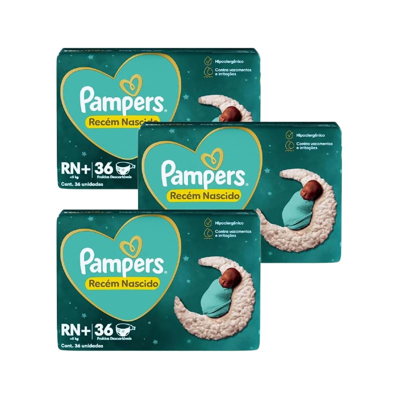 Kit 3ptes Fraldas Pampers RN+ RECÉM NASCIDO até 5kg - Total 108 unidades EQ.1