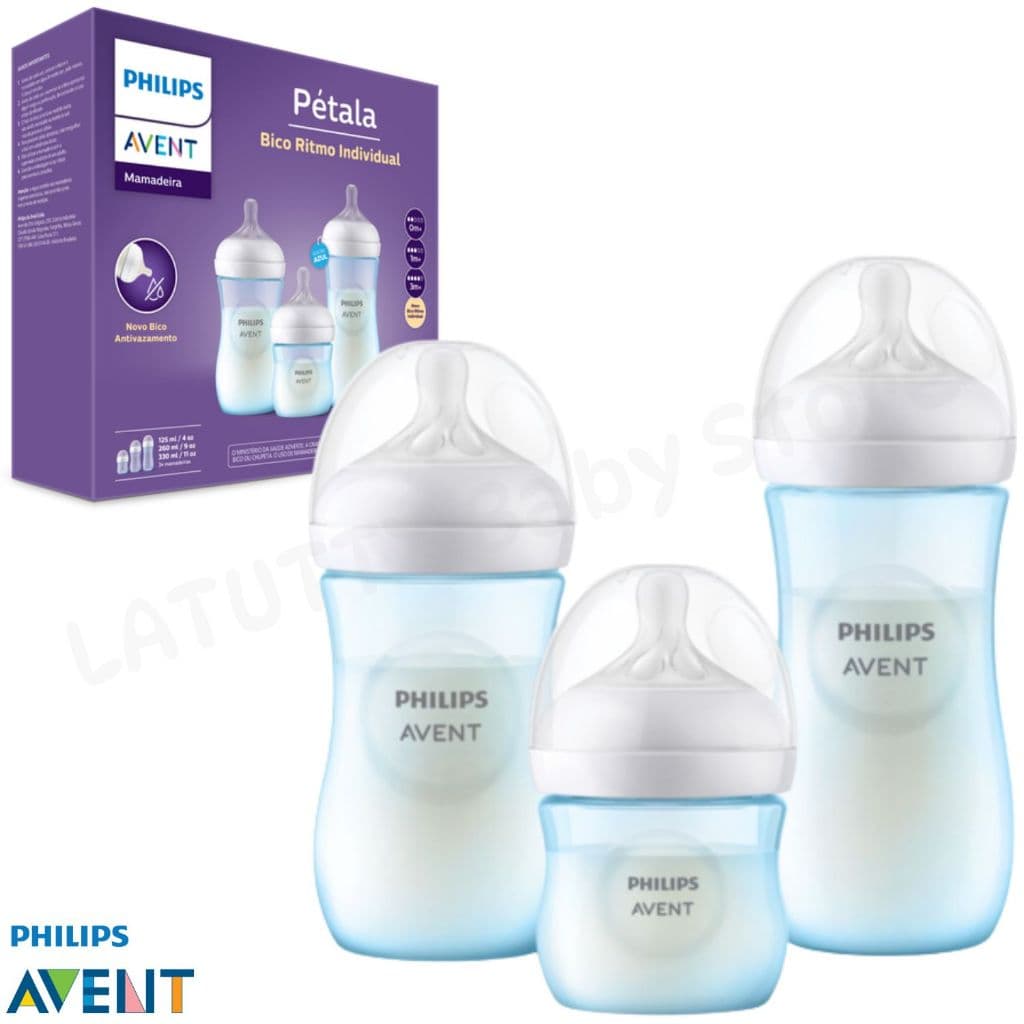 Kit 3 Mamadeira Pétala Avent Menino Azul 125ml + 260ml + 330ml Mamadeira Avent Petala Original