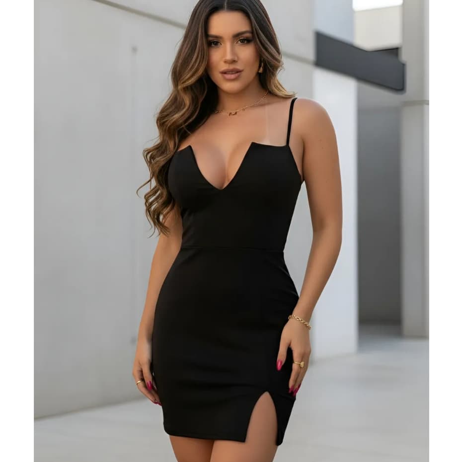 Vestido Preto Justo colado Com Elastano Bojo Vestido Fenda e alça