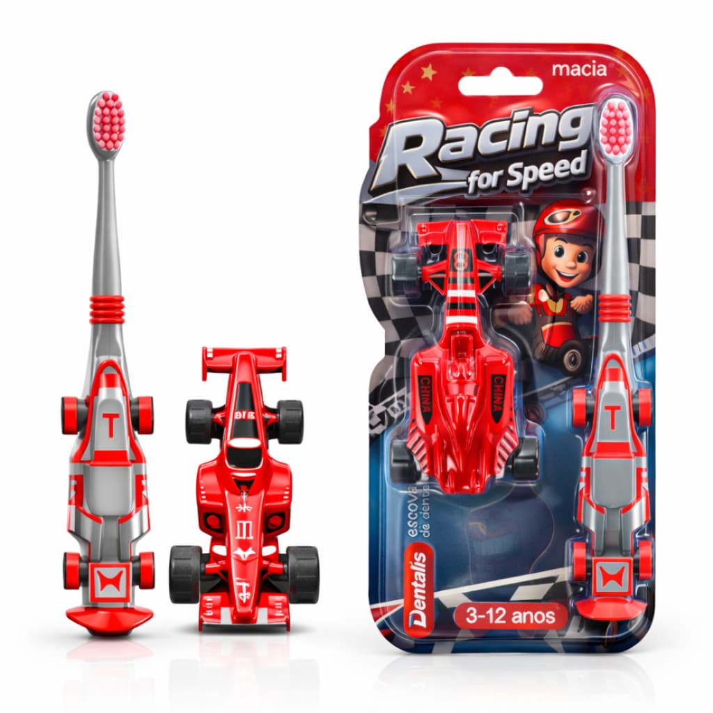 Escova de Dente Infantil Menino com Brinquedo Carrinho Fórmula 1, Cerdas Ultra Macias, Cabeça Pequena, Cabo Ergonômico