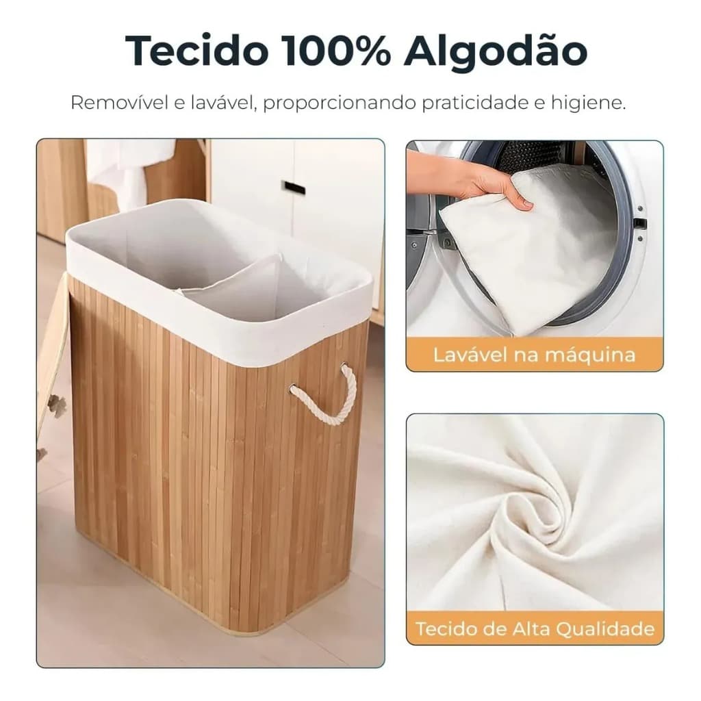 Cesto Roupa Suja Bambu 70L com Tampa Organizador Lavanderia Banheiro Grande