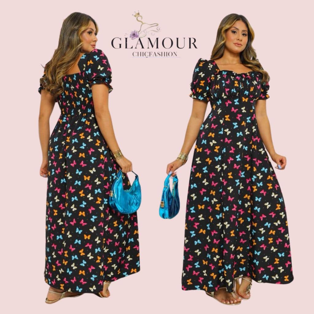 Vestido Feminino Estampa Borboleta | Manga Princesa | Vestido Rodado Casual | Moda Feminina Elegante