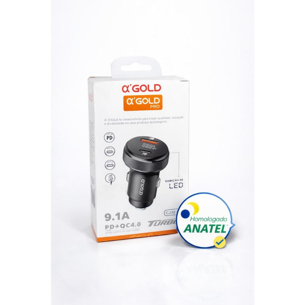 Carregador Veicular Turbo 9.1A A'Gold Pro PD + QC4.0 USB e Tipo-C LED Homologado Anatel