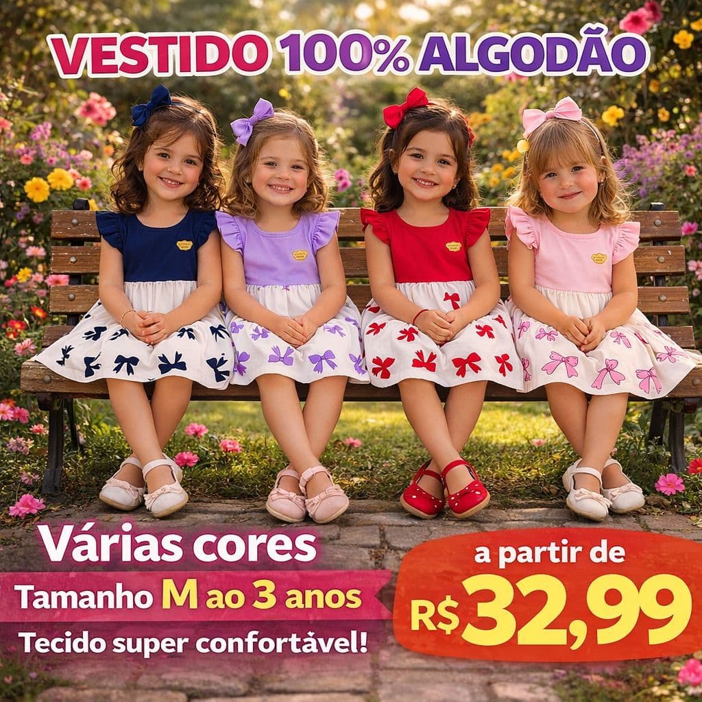 Vestido Infantil Menina 3 Marias Bebê Roupa Infantil, Algodão, Roupa de Menina