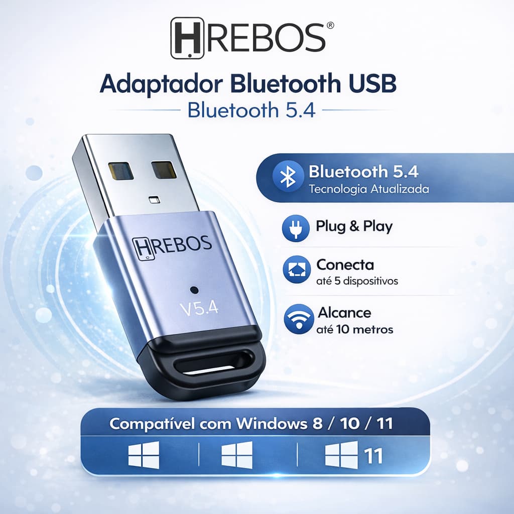 Adaptador Bluetooth USB 5.4 para PC Notebook Até 5 Dispositivos Simultâneos Win 8/10/11 Alcance 10m