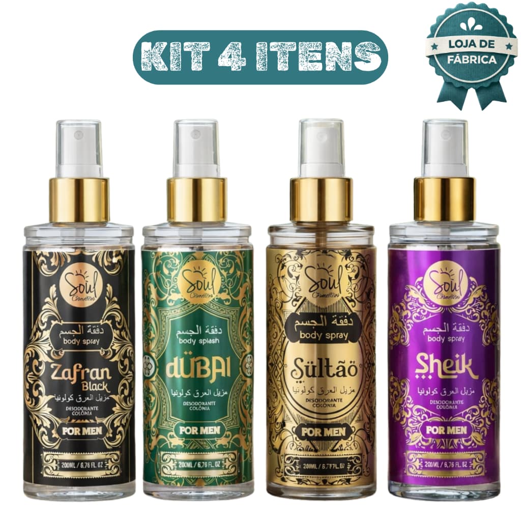 Kit 4 Body Splash Árabe Masculino Importado Zafran Black Dubai Sultão Sheik Perfumes