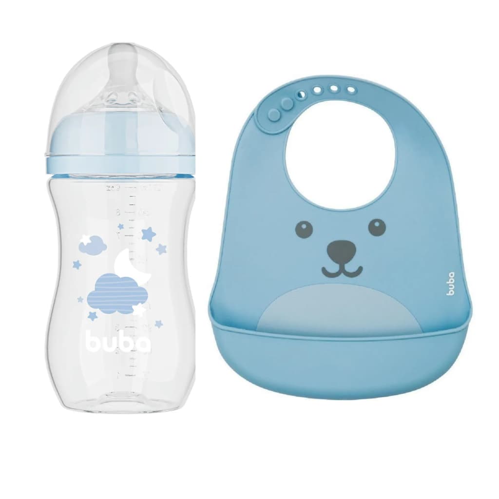 Kit Bebê Buba: Mamadeira Easy Flow 270ml Nuvem + Babador Silicone Gumy Azul