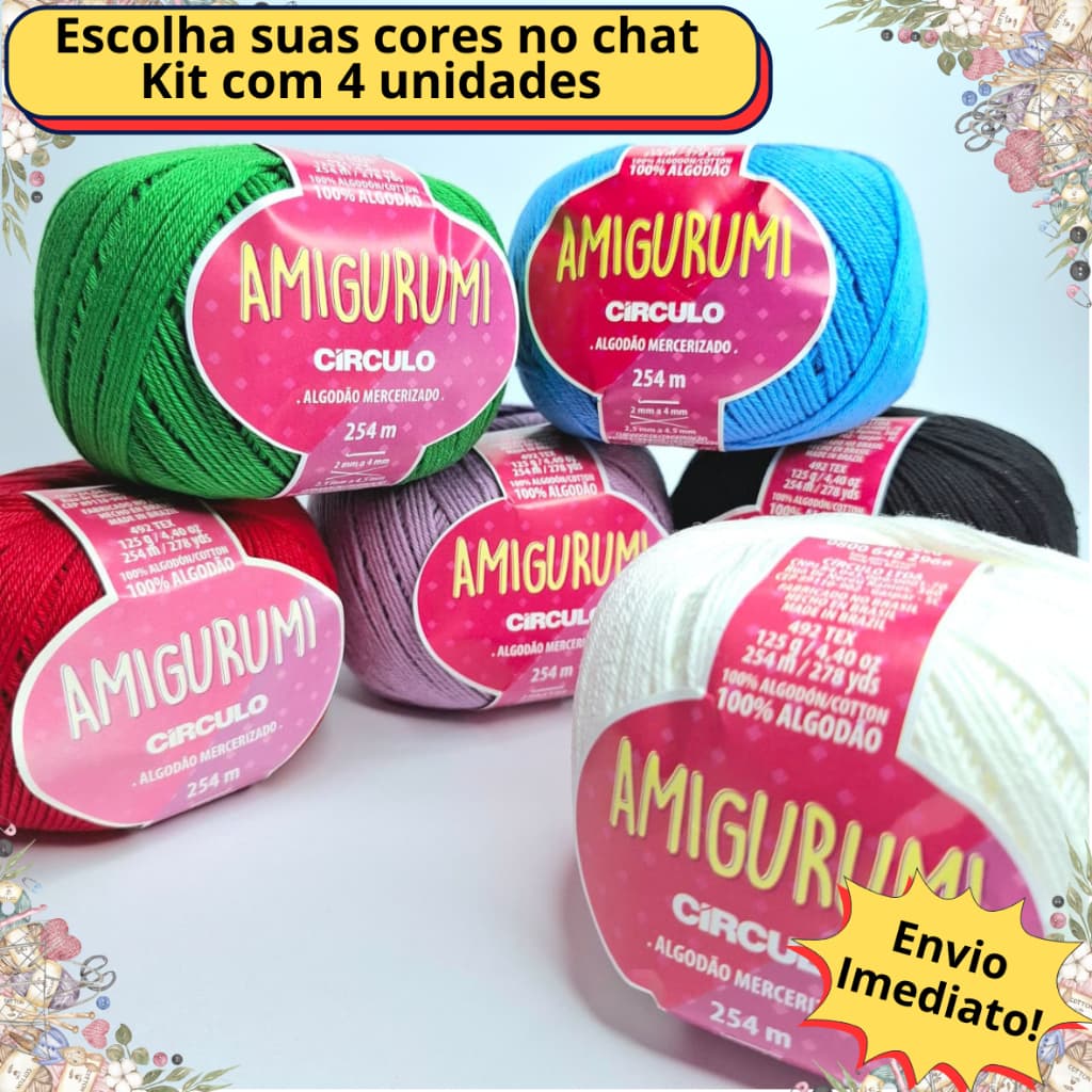 Fio Amigurumi 254m Círculo Kit C/4 und kit amigurumi linha de algodao linha fina para Croche e Trico