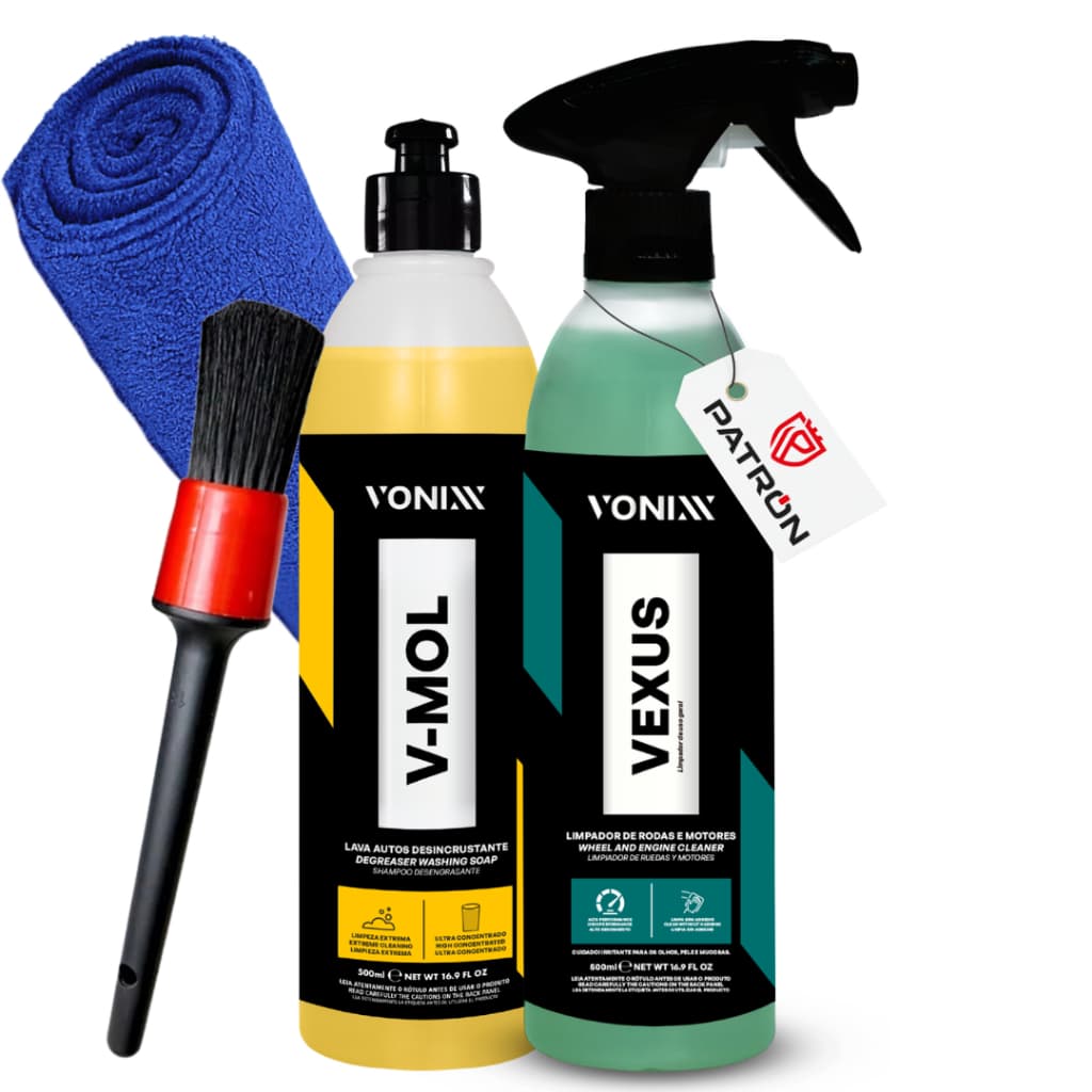 Kit Vonixx V-Mol + Vexus Limpeza Pesada Carro Rodas Motor + Microfibra + Pincel