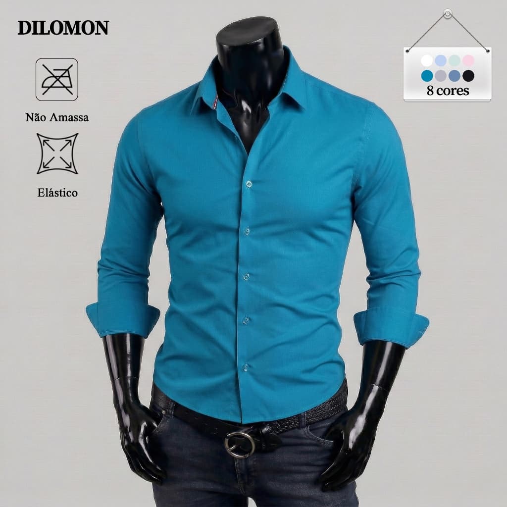 Dilomon Camisa Social Masculina Não Amassa Slim Fit - Blusa do Brasil Estilosa Elastano Manga Longa