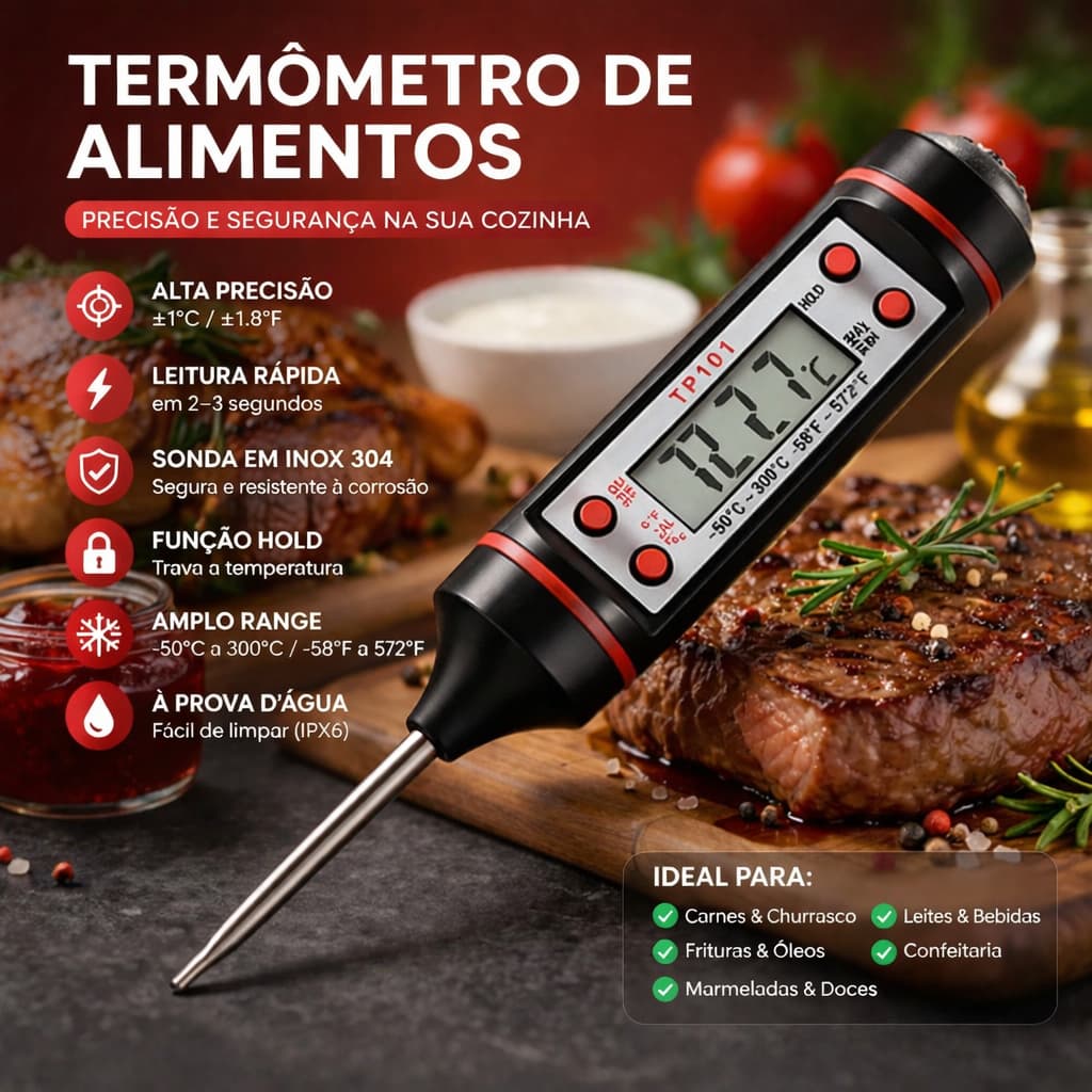 Termometro Culinario Digital Espeto Tp101 Preto Churrasco Carne Cupim Cozinha Gourmet Profissional