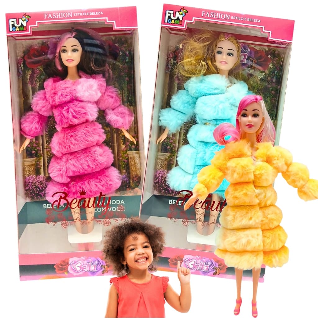 Boneca Coleção Fashion Articulada Roupa Elegante Casaco Sobretudo Rosa Sapatos Linda Caixa Presente
