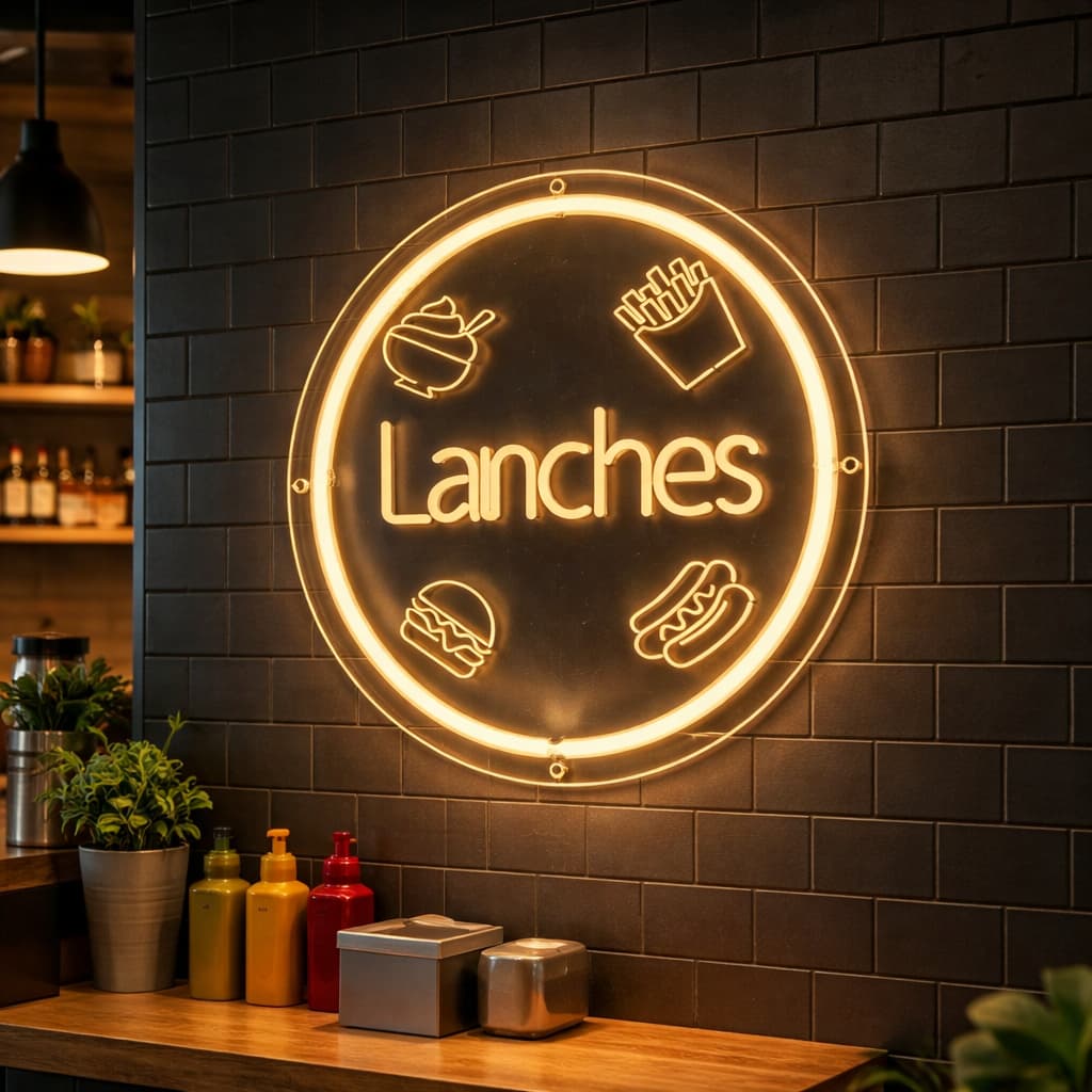 Luminária LANCHES P/ Decoração  instagramável 30x30cm Gravado a Laser e LED Neon Acrílico 4mm