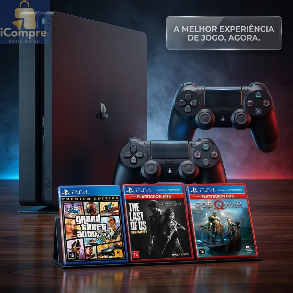 Playstation 4 Completo Ps4 Play Slim Semi Novo 1TB + 2 Controles Originais + GTA V - Videogame Usado