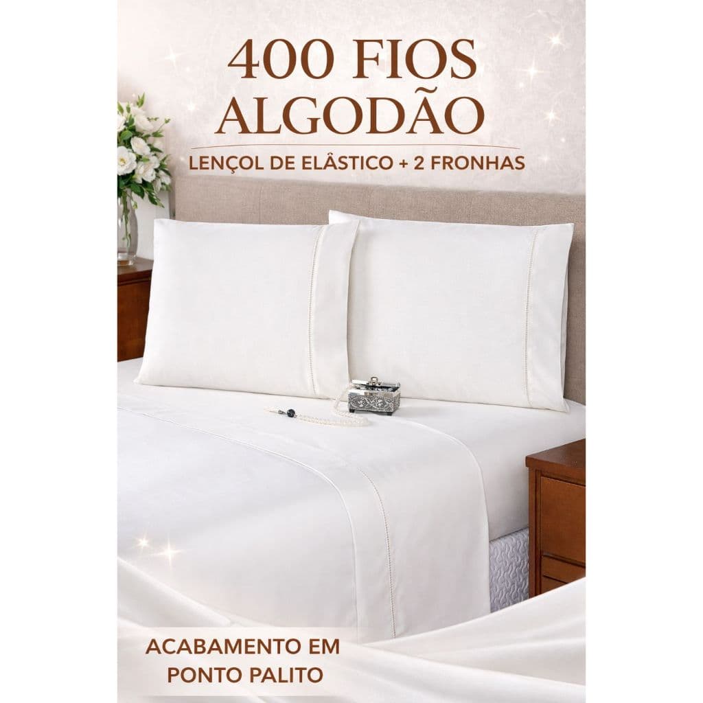 Jogo de Cama Casal 3 Peças Lençol com Elástico 1,88x1,38x25 + 2 Fronhas 70x50 Ponto Palito | Kit Casal Macio Confortável