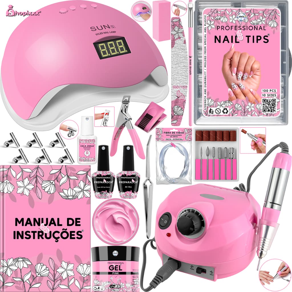 Kit Unha De Gel Completo Alongamento de Unhas Cabine Sun 5 + Lixadeira Motor Porquinho Acrigel Porcelana Fibra De Vidro