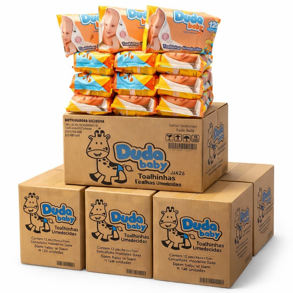 Caixa com 12 Pacotes Toalhinhas / Lenços Umedecidas Duda Baby Cheirinho de Bebê Sem Álcool (1.440un)