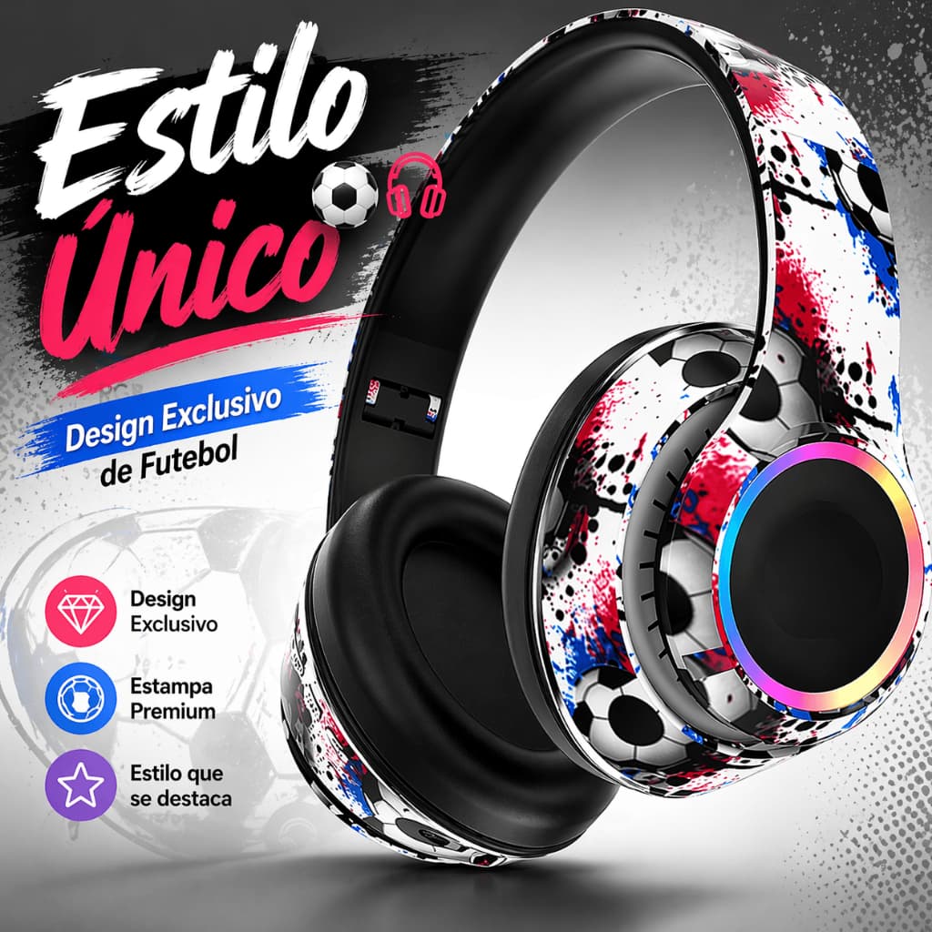 Fone Bluetooth Sem Fio RGB Headphone Gamer Over-Ear Som Grave Forte com Microfone Estilo Futebol para Celular