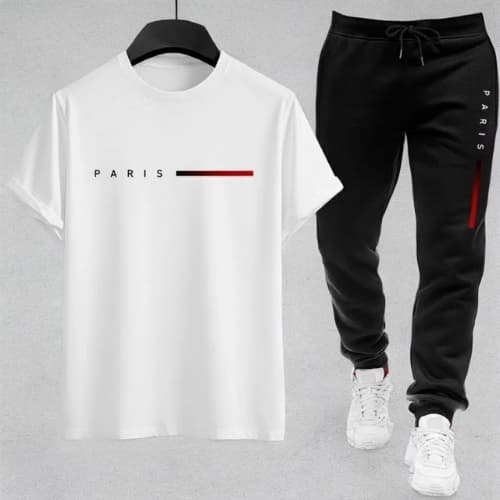 Kit Conjunto Camiseta e Calça Moletom Moda Masculina Camiseta Casual Paris Malha Algodão + Calça Moletom