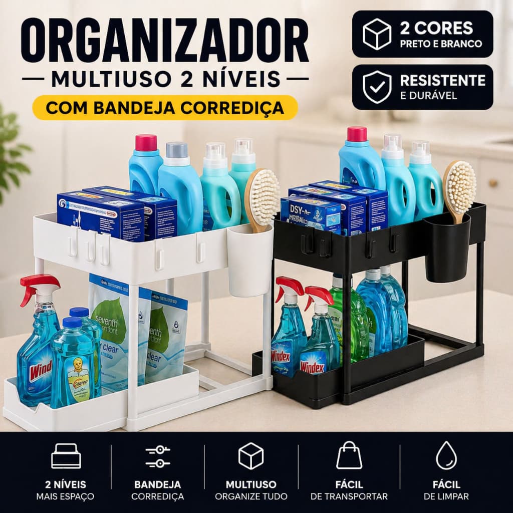 Organizador Multiuso 2 Níveis com Bandeja Corrediça Preto e Branco | Organizador de Pia Cozinha