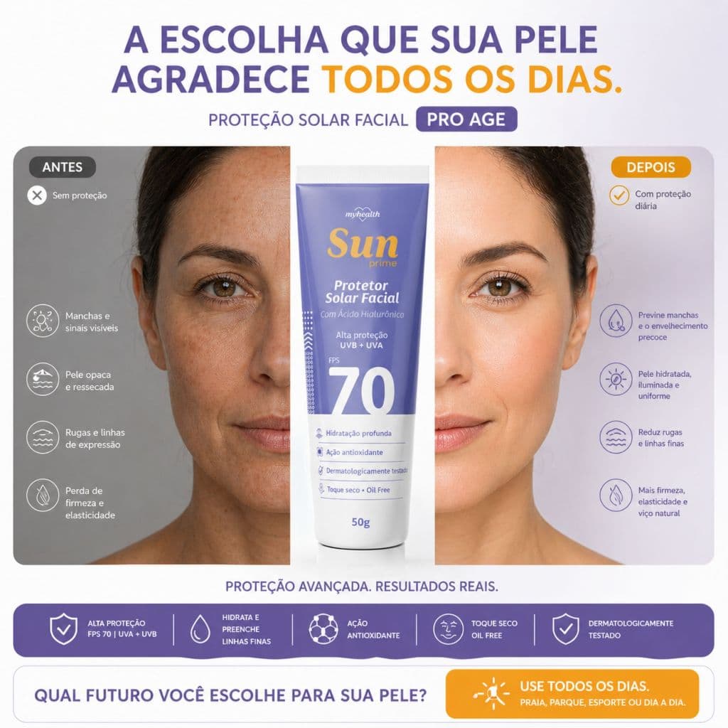 Protetor Solar Facial Sun Prime FPS 70 – Alta Proteção Hidratação Ácido Hialuronico 50g Oil free