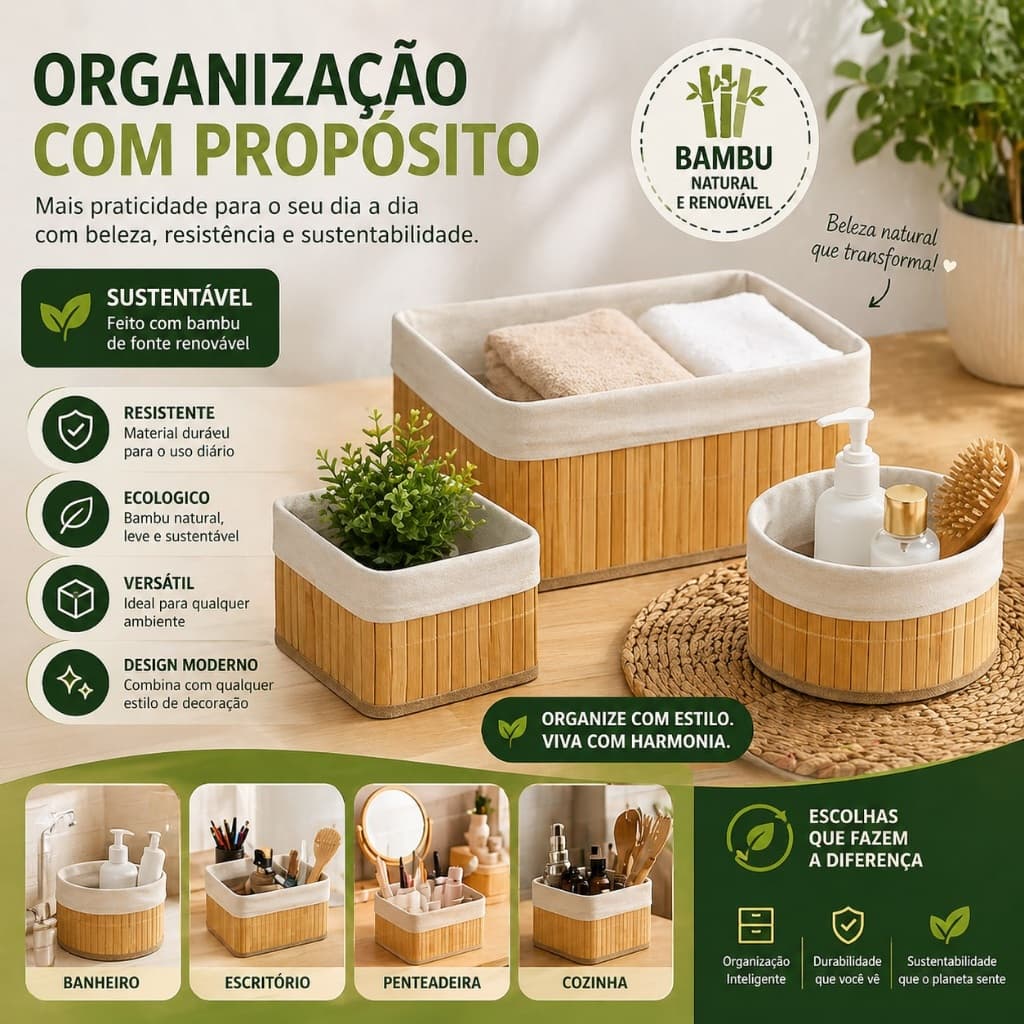 Kit 4 Cestos Organizadores em Bambu Natural Multiuso  Caixa Organizadora Sustentável para Roupas, Banheiro e Closet