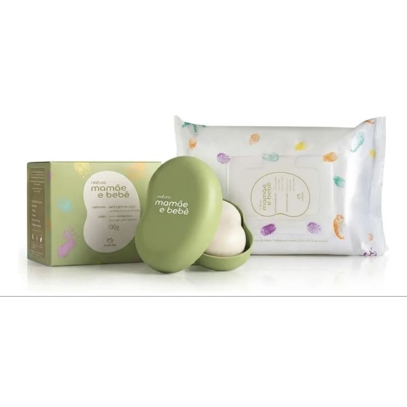 Mamãe e Bebê Saboneteira Com Sabonete em Barra e Lenços Umedecidos 50 Folhas, Kit Cuidados para Mãe e Bebê Natura