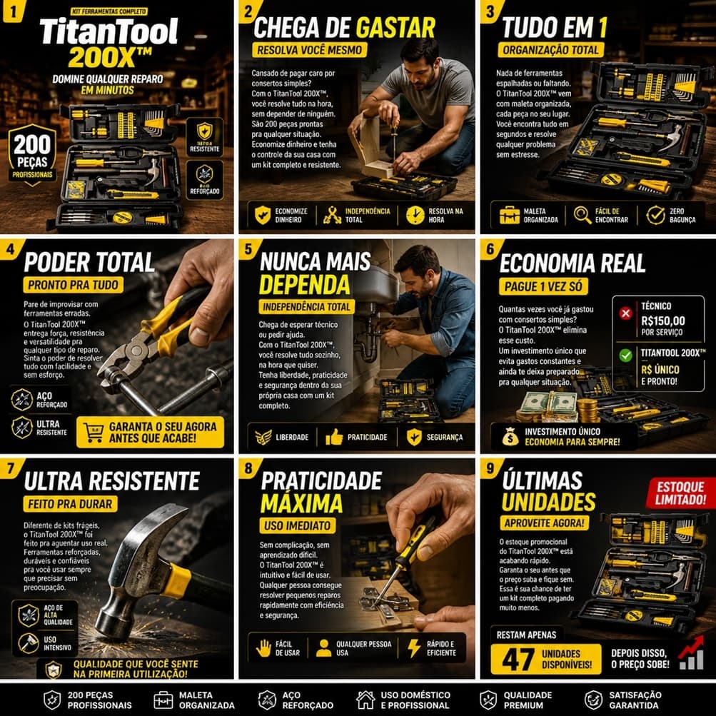 Kit Ferramentas Completo 200 Peças TitanTool 200X™ Profissional com Maleta Resistente para Casa Oficina Reparos DIY