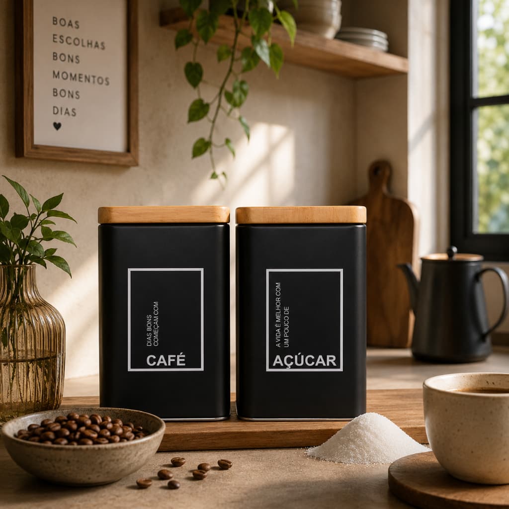 Kit 2 Unidades Lata Pote Porta Mantimentos Café e Açúcar Multiuso Decorativo Organizador Casa Cozinha Cantinho Café