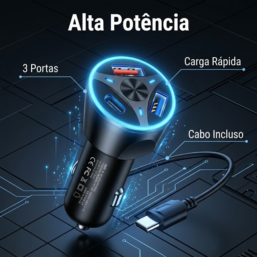 Carregador Veicular Turbo USB 3.0 USB-c USB 3.1A Carregamento Rapido 55w-Inclui cabo de carregamento