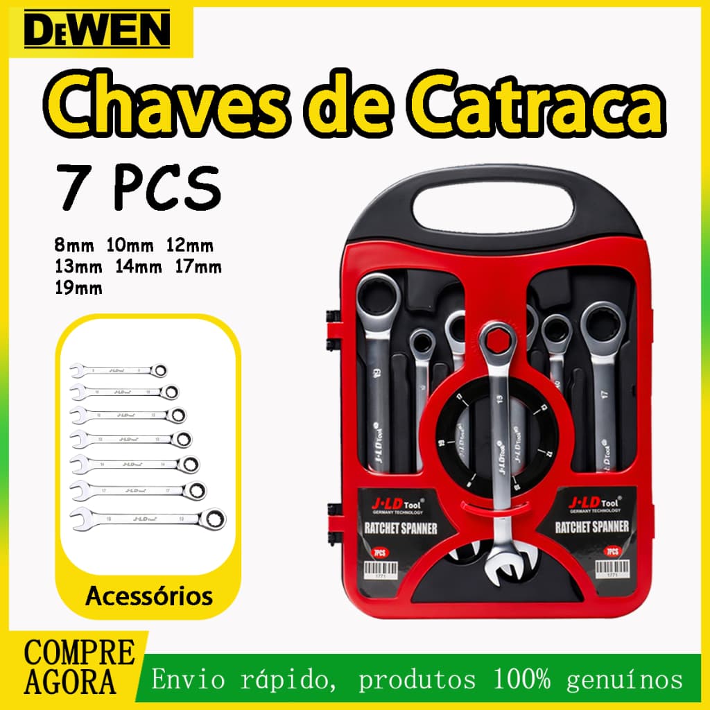 JLD Jogo de Chaves de Catraca 7 Peças 8-19mm Aço Cromo Vanádio Resistente à Corrosão