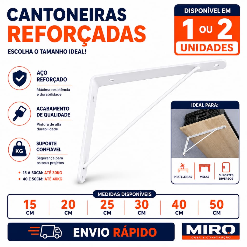 Mão Francesa Cantoneira Branca Aço Suporte para Prateleira Parede Reforçada Madeira MDF Decoração