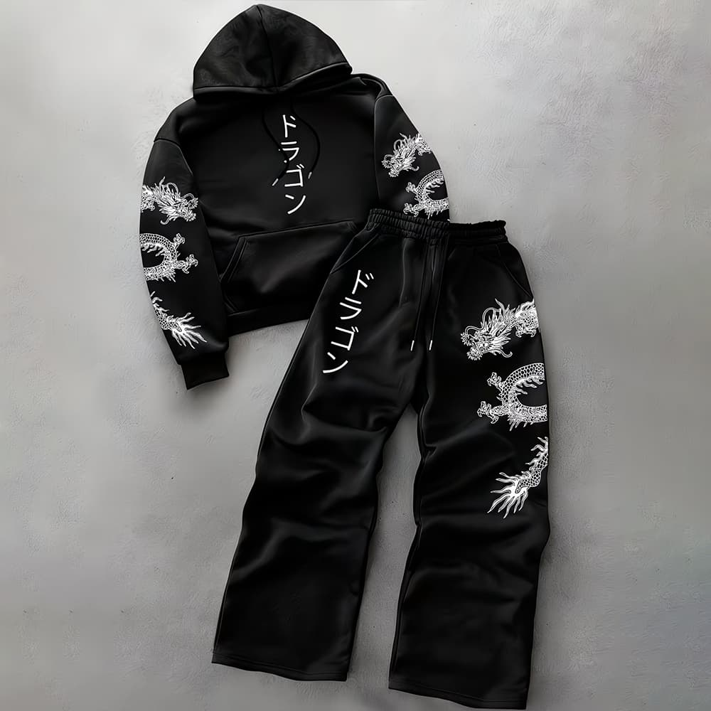 Conjunto Kit Moletom Canguru + Calça Wide Leg Dragon Ukyoe Oriental Darkness Gótico Punk Unissex